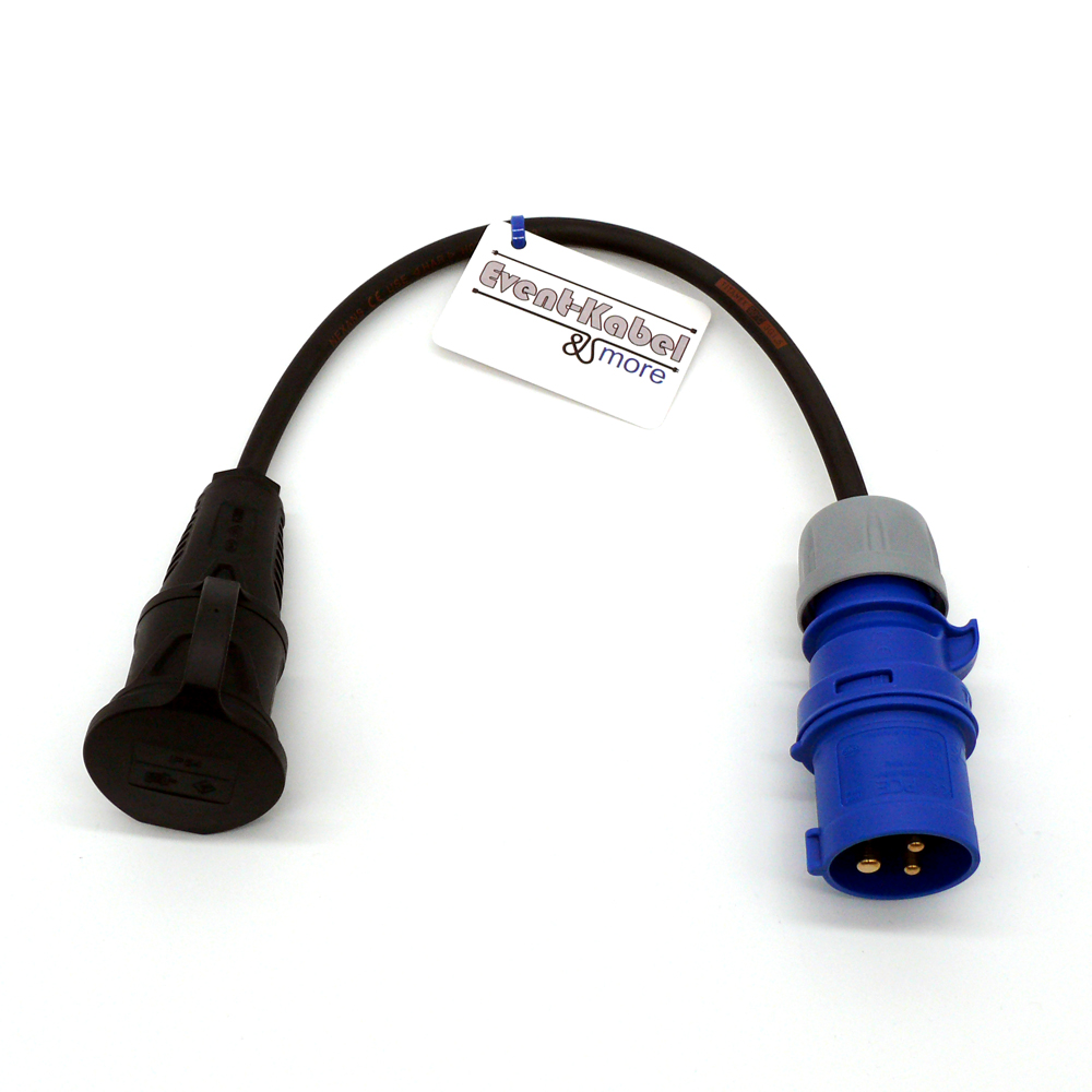 Adapter CEE Stecker blau - Schuko Kupplung 3G1,5 IP44 Adapter CEE Stecker blau - Schuko Kupplung 3G1,5 IP44