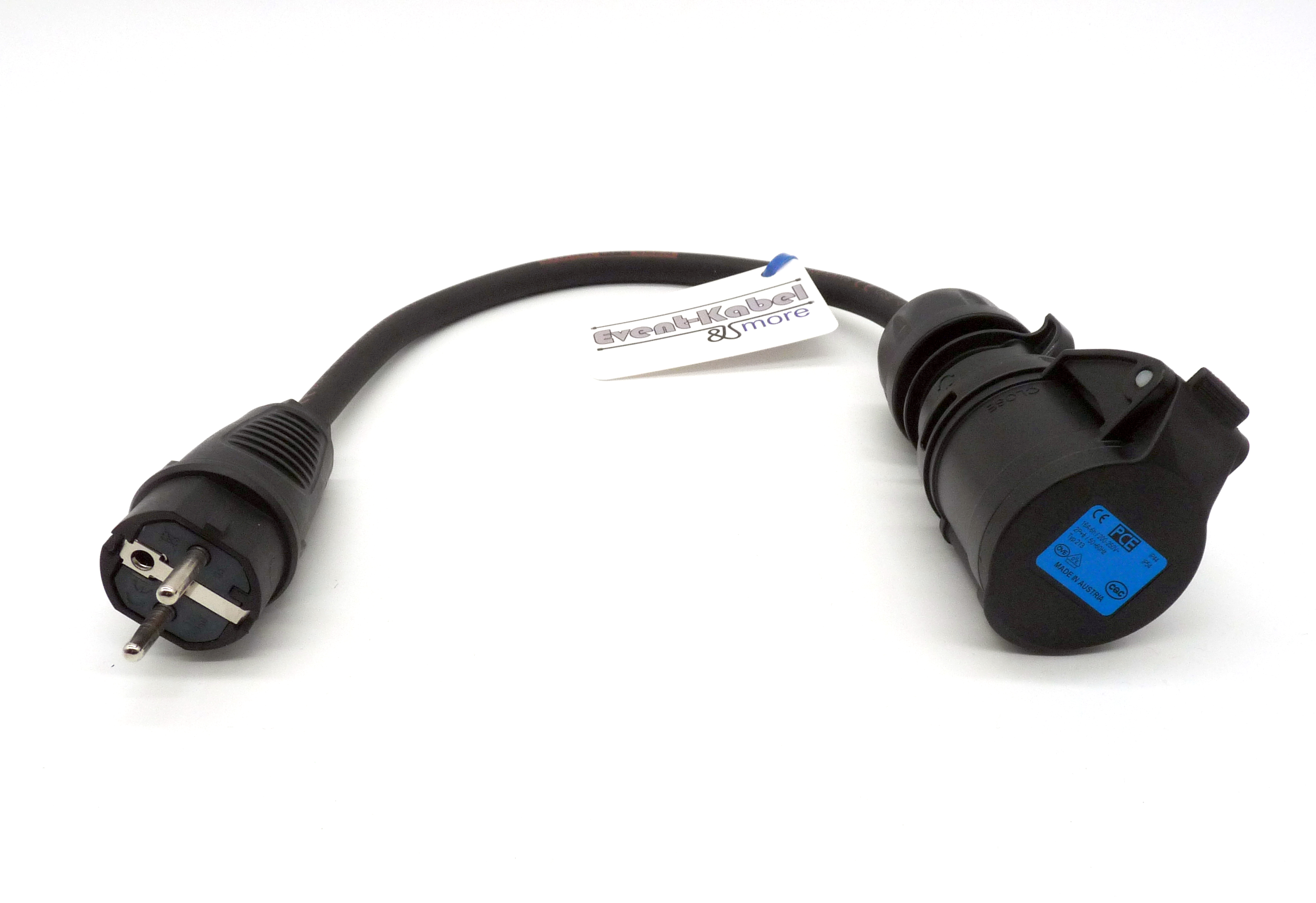 Adapter Schuko Stecker - CEE Kupplung schwarz 3G2,5 IP44 Adapter Schuko Stecker - CEE Kupplung schwarz 3G2,5 IP44